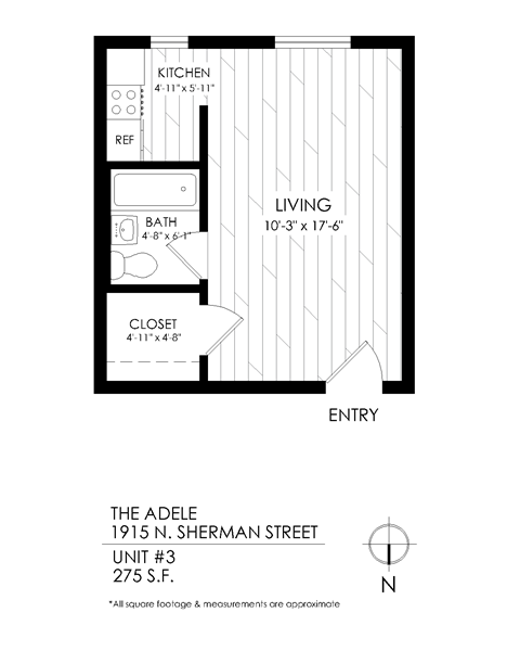 A black and white image of a floor plan for a unit at The Adele.